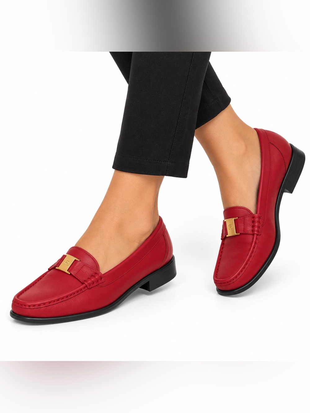 Etienne Aigner Womenâs Red Leather Loafers Gold Buckle Classic Moc Toe Shoes